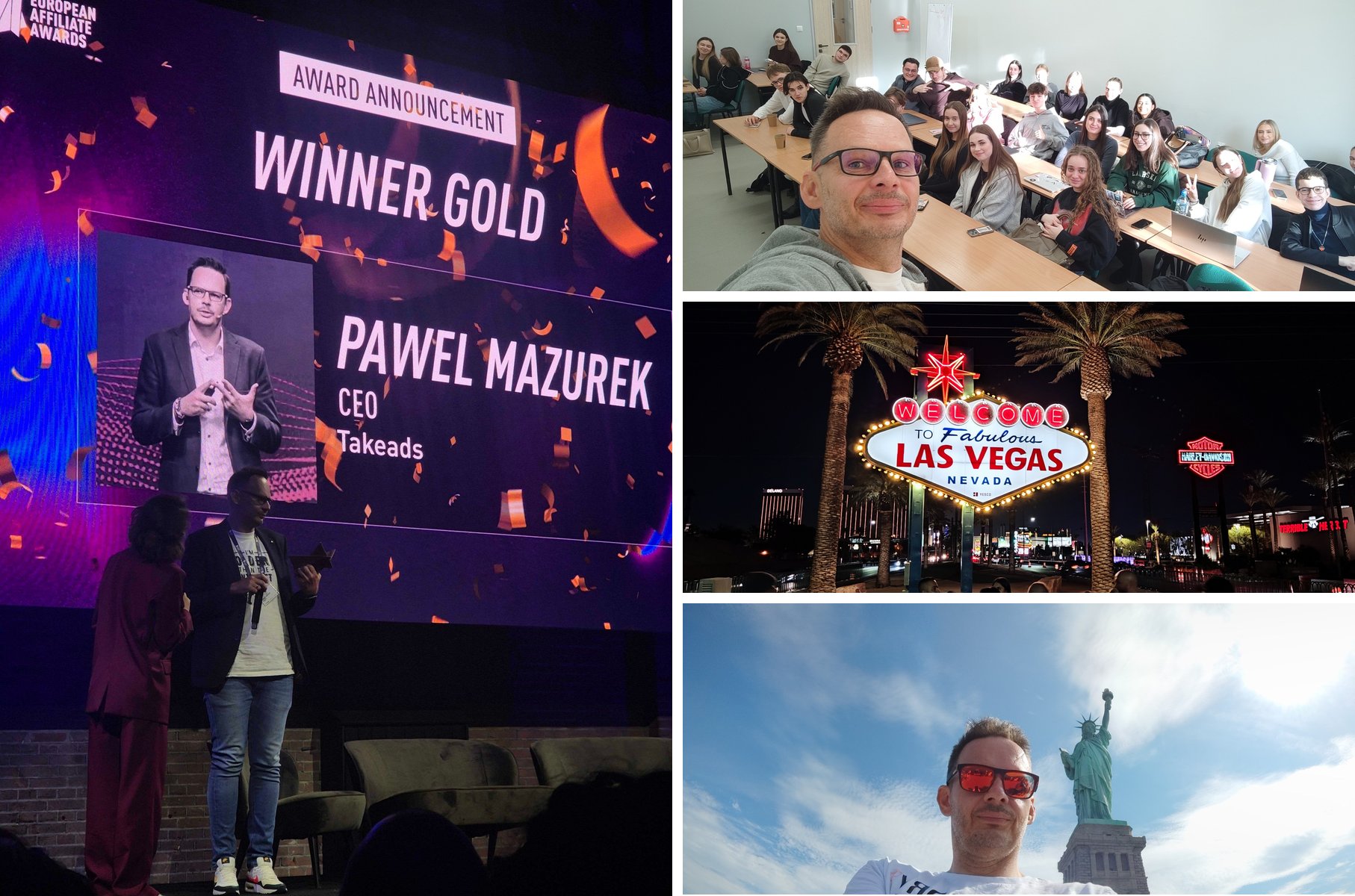 Paweł Mazurek poza Arktyką: złota nagroda European Affiliate Awards, zajęcia ze studentami, Las Vegas i Statua Wolności